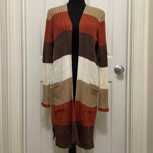 Kathy Ireland Striped Duster Open Front Cardigan Knit Sweater Fall Autumn Medium